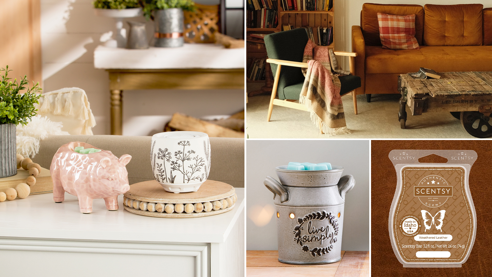 A beautiful living room featuring trendy western home decor and a glowing wax warmer.