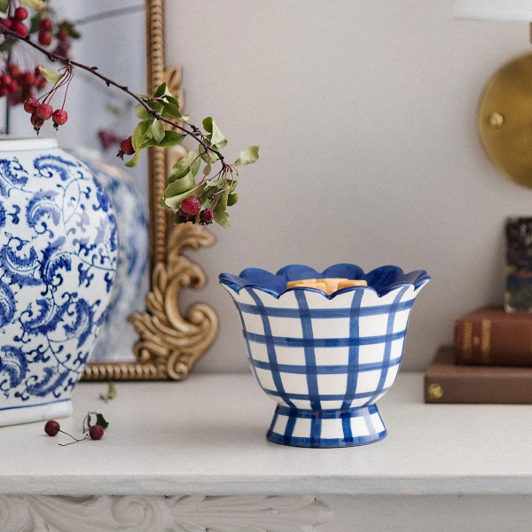 A 4.5-inch ceramic Scentsy Blue Bell Electric Fragrance Melter featuring a hand-painted blue gingham pattern and elegant scalloped rim.