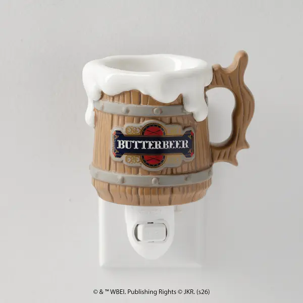 A 4-inch ceramic Scentsy Butterbeer Stein Wax Warmer shaped like a wooden mug with glowing white foam and the official logo.