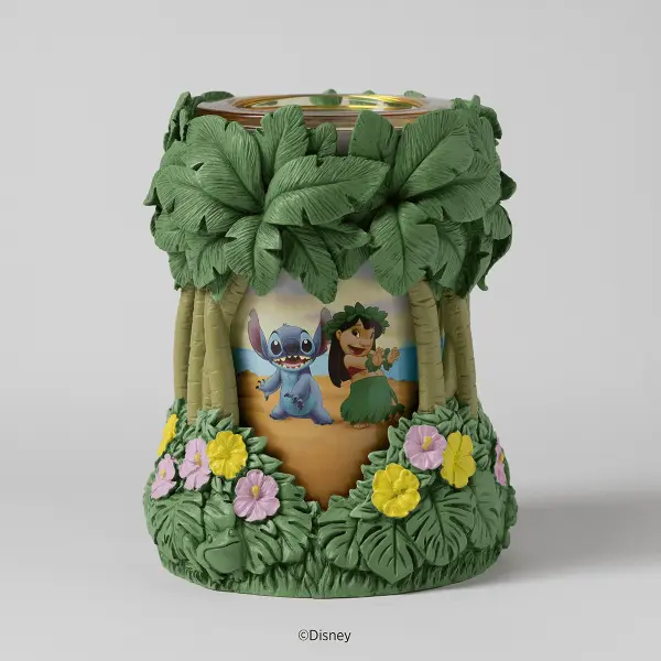 Scentsy Disney Lilo & Stitch Aloha Ohana Wax Warmer featuring lush ceramic palm trees, hibiscus, and a glowing animated scene.