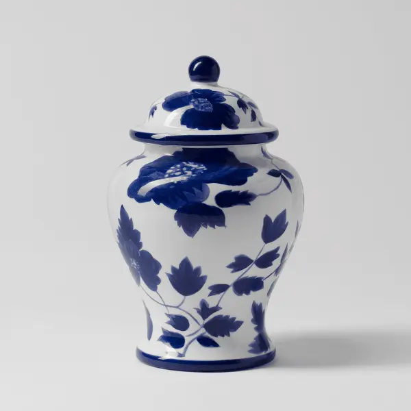 The Scentsy Indigo Ginger Jar Wax Warmer features deep blue hand-painted flowers on a white ceramic ginger jar.