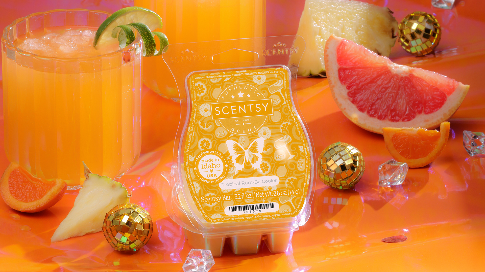 A colorful image of a scentsy bar next to an orange drink recipes. Scentsy summer drink recipes